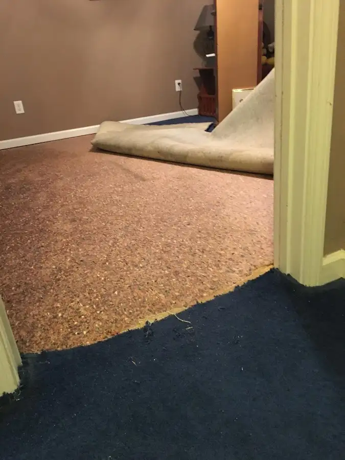 Carpet pad removal revealing water damage during Drying & Dehumidification in Bagley